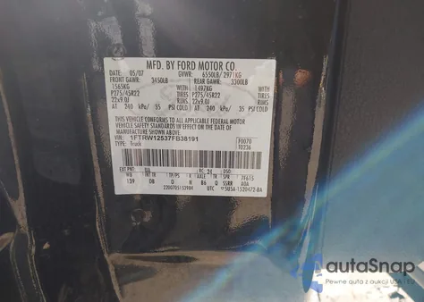 2007 Ford F-150 Lariat z USA, uszkodzony, nr VIN 1FTRW12537FB38191